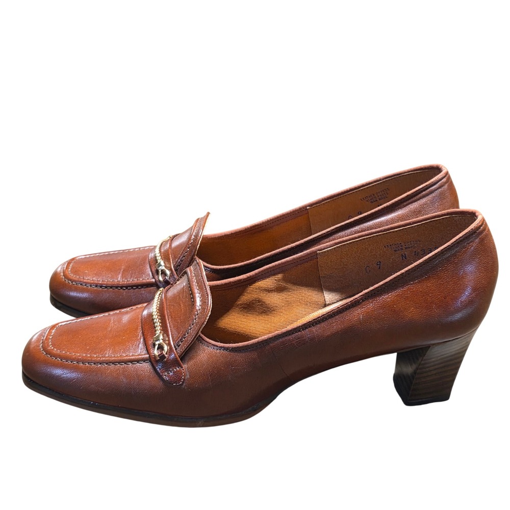 Vintage 70s Red Cross Brown Leather Chain Loafer Pumps Block Heel Square Toe 9N - Picture 8 of 10